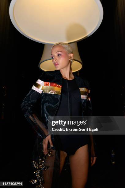 Model is seen backstage on the Ezra Tuba show during Mercedes-Benz Istanbul Fashion Week on March 21, 2019 in Istanbul, Turkey.