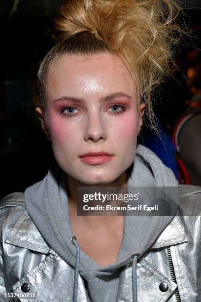 Model is seen backstage on the Ezra Tuba show during Mercedes-Benz Istanbul Fashion Week on March 21, 2019 in Istanbul, Turkey.