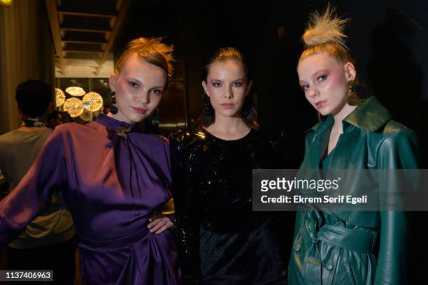 Models are seen backstage on the Ezra Tuba show during Mercedes-Benz Istanbul Fashion Week on March 21, 2019 in Istanbul, Turkey.