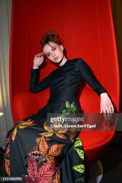 Model is seen backstage on the Ezra Tuba show during Mercedes-Benz Istanbul Fashion Week on March 21, 2019 in Istanbul, Turkey.