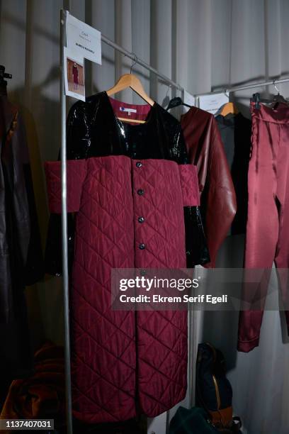 Designs on display backstage on the Ezra Tuba show during Mercedes-Benz Istanbul Fashion Week on March 21, 2019 in Istanbul, Turkey.