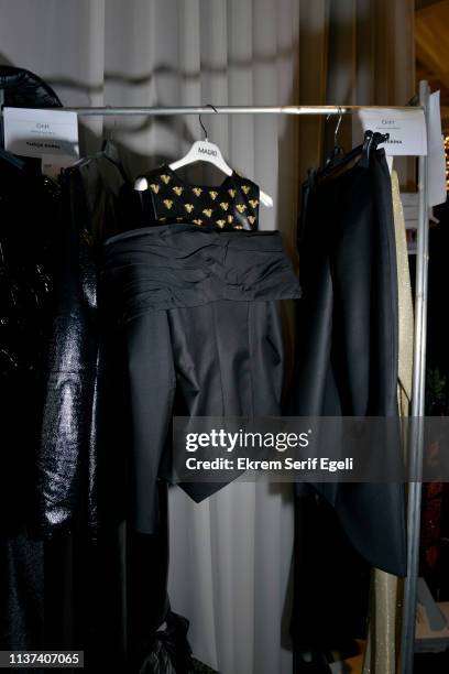 Designs on display backstage on the Ezra Tuba show during Mercedes-Benz Istanbul Fashion Week on March 21, 2019 in Istanbul, Turkey.