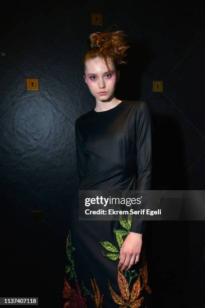 Model is seen backstage on the Ezra Tuba show during Mercedes-Benz Istanbul Fashion Week on March 21, 2019 in Istanbul, Turkey.