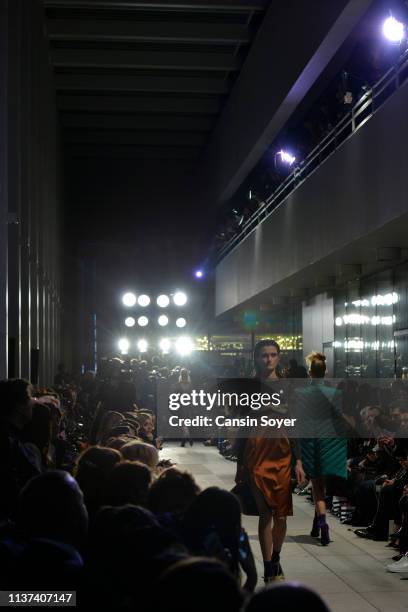 Models walk the runway at the Ezra Tuba show during Mercedes-Benz Istanbul Fashion Week on March 21, 2019 in Istanbul, Turkey.