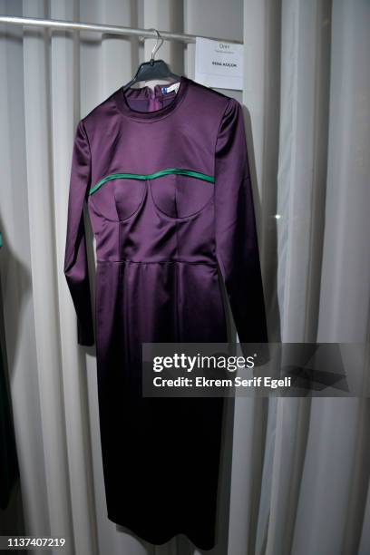 Designs on display backstage on the Ezra Tuba show during Mercedes-Benz Istanbul Fashion Week on March 21, 2019 in Istanbul, Turkey.