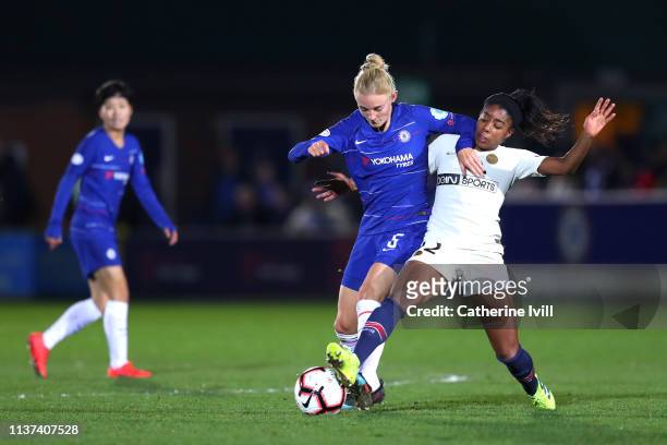 Sophie Ingle of Chelsea tackles Ashley Lawrence of PSG during the UEFA Women's Champions League Quarter Final First Leg match between Chelsea Women...