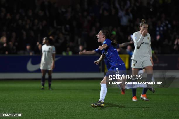 Hannah Blundell of Chelsea celebrates after scoring her team's first goal during the UEFA Women's Champions League: Quarter Final First Leg match...
