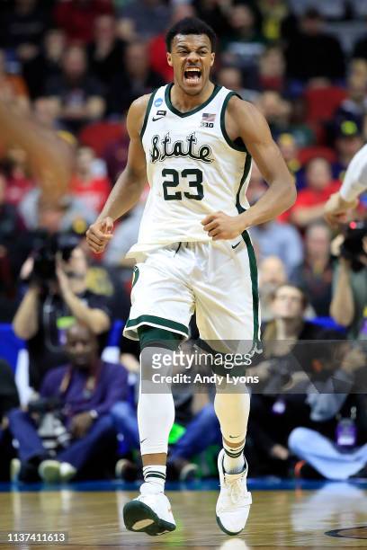 Xavier Tillman of the Michigan State Spartans reacts after a play against the Bradley Braves during their game in the First Round of the NCAA...