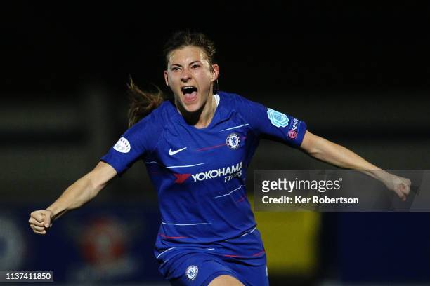 Hannah Blundell of Chelsea Women celebrates scoring during the UEFA Women's Champions League: Quarter Final First Leg match between Chelsea Women and...