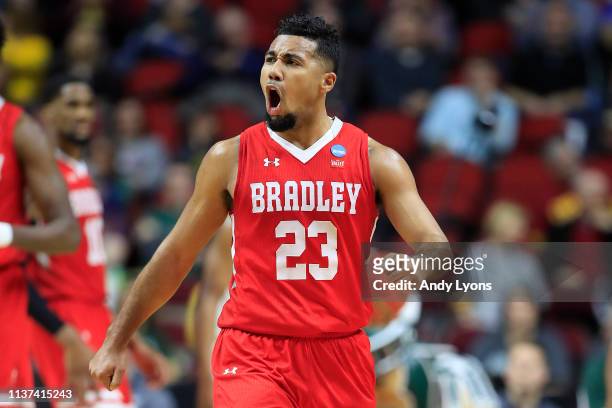 Dwayne Lautier-Ogunleye of the Bradley Braves reacts after a play against the Michigan State Spartans during their game in the First Round of the...