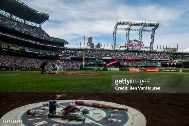 General view of T-Mobile Park as seen during a Seattle Mariners game on March 28, 2019 in Seattle, Washington.