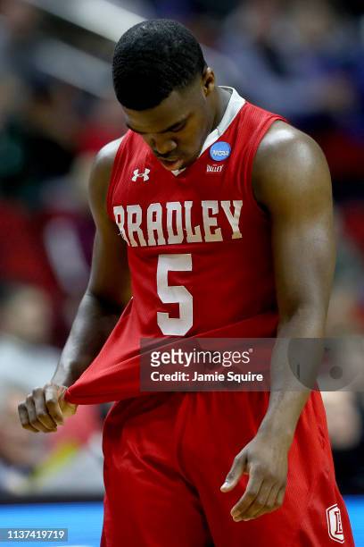Darrell Brown of the Bradley Braves reacts in the final moments of their 76-65 loss to the Michigan State Spartans in the First Round of the NCAA...