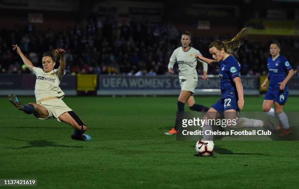 Erin Cuthbert of Chelsea scores her team's second goal during the UEFA Women's Champions League: Quarter Final First Leg match between Chelsea Women...