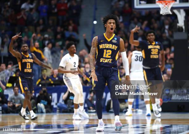 Ja Morant of the Murray State Racers celebrates scoring at the end of the first half during the first round game of the 2019 NCAA Men's Basketball...
