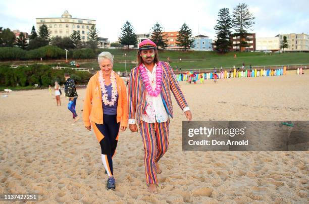 Dr Kerryn Phelps chats with OneWave founder Grant Treblico on the Bondi Beach shoreline on March 22, 2019 in Sydney, Australia. Surfers gather to...