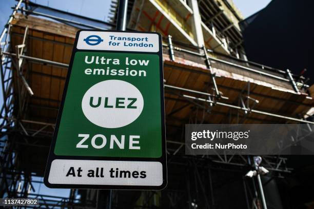 Sign for the recently-introduced Ultra Low Emission Zone stands on Edgware Road in London, England, on April 15, 2019. The ULEZ came into force on...