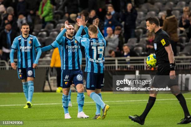 Nicklas Barkroth and Kevin Walker of Djurgardens IF celebrate their victory during the Allsvenskan match between Djurgardens IF and IFK Goteborg at...