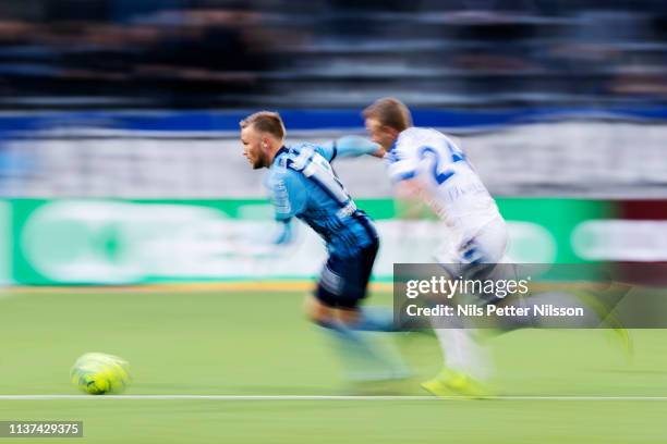 Nicklas Barkroth of Djurgardens IF and Sebastian Ohlsson of IFK Goteborg during the Allsvenskan match between Djurgardens IF and IFK Goteborg at...