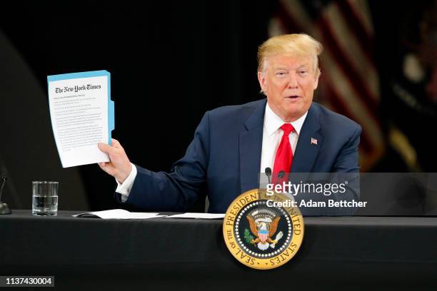 President Donald Trump speaks at a roundtable on the economy and tax reform at Nuss Trucking and Equipment on April 15, 2019 in Burnsville,...