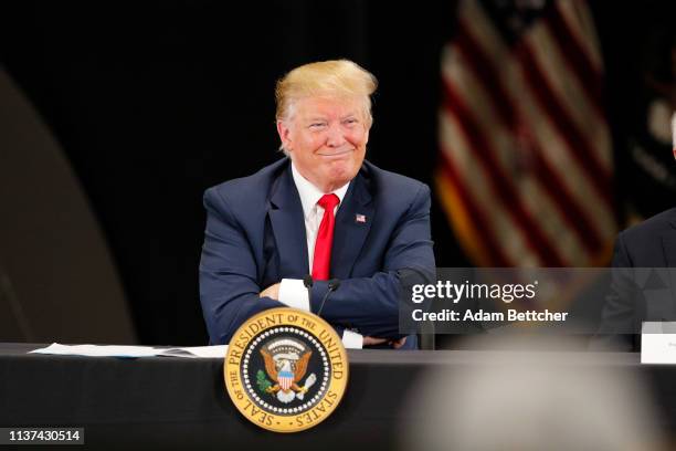 President Donald Trump speaks at a roundtable on the economy and tax reform at Nuss Trucking and Equipment on April 15, 2019 in Burnsville,...