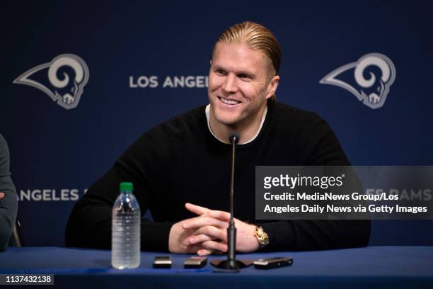 Rams linebacker Clay Matthews during a press conference at the Rams practice facility in Thousand Oaks on Thursday, March 21 2019 to announce the...