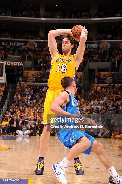 Pau Gasol of the Los Angeles Lakers looks to pass the ball against the Dallas Mavericks during Game One of the Western Conference Semifinals in the...