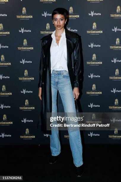 Model Jourdana Phillips attends the "Toutankhamon, Le Tresor du Pharaon - Tutankhamun, Treasures of the Golden Pharaoh" Exhibition at Grande Halle de...