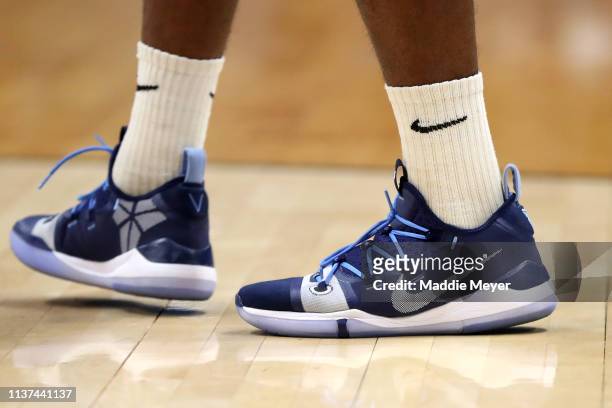 Detail view of the Nike Kobe AD sneakers worn by Eric Paschall of the Villanova Wildcats in the first half against the Saint Mary's Gaels during the...