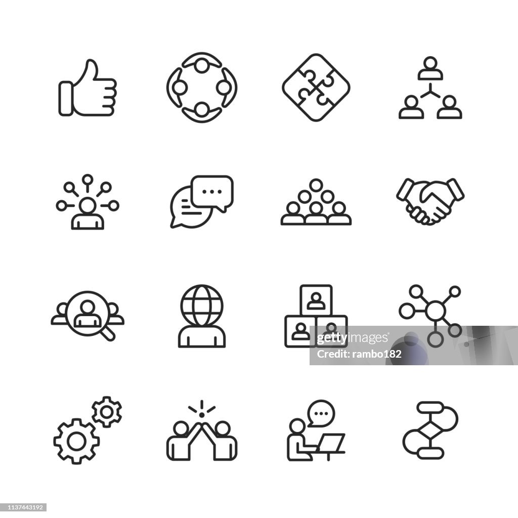 Teamwork Line Icons. Editable Stroke. Pixel Perfect. For Mobile and Web. Contains such icons as Like Button, Cooperation, Handshake, Human Resources, Text Messaging.