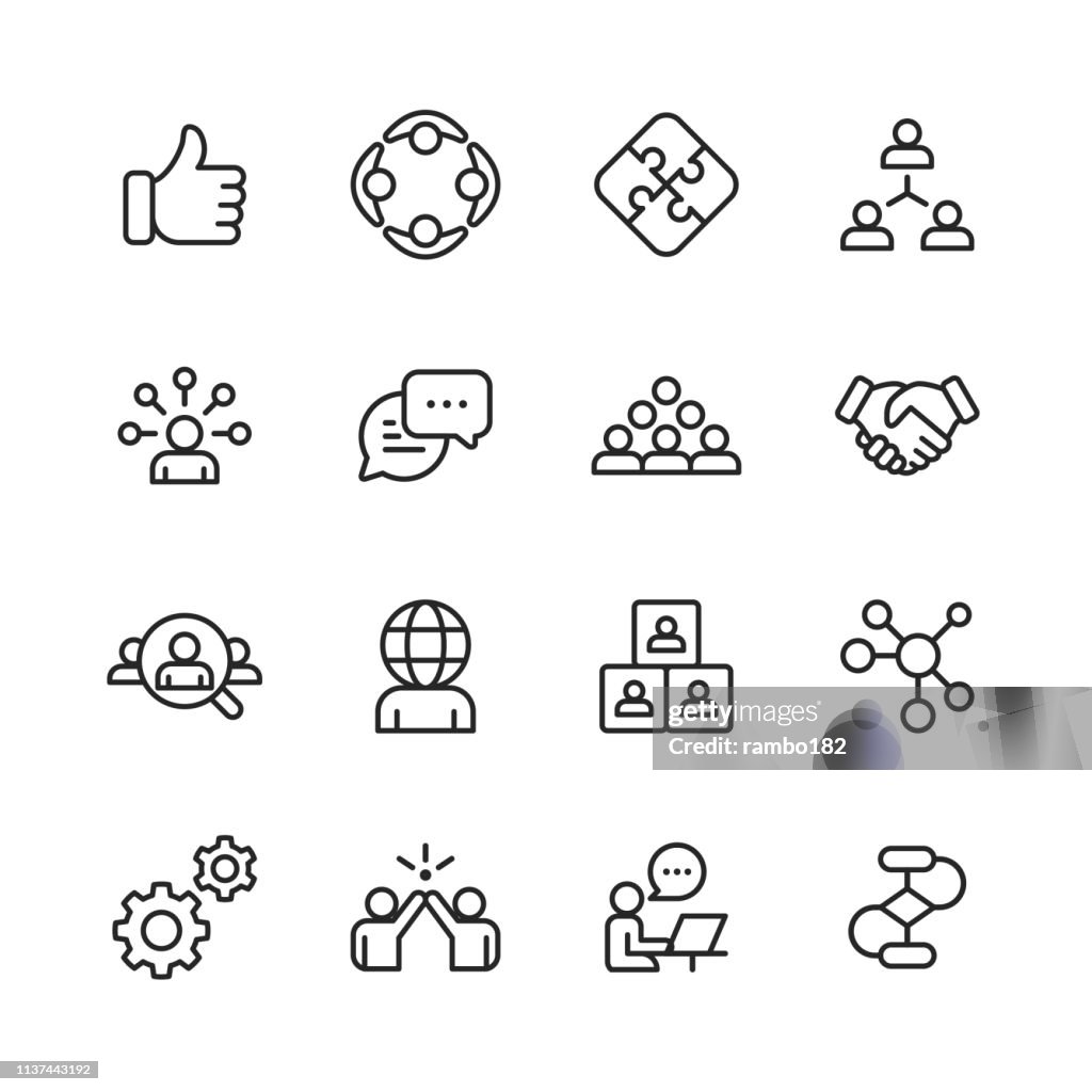 Teamwork linje ikoner. Redigerbar stroke. Pixel perfekt. För mobil och webb. Innehåller sådana ikoner som som Button, samarbete, hand skakning, mänskliga resurser, textmeddelanden.