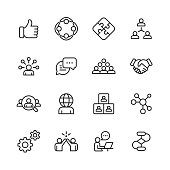 Teamwork Line Icons. Editable Stroke. Pixel Perfect. For Mobile and Web. Contains such icons as Like Button, Cooperation, Handshake, Human Resources, Text Messaging.