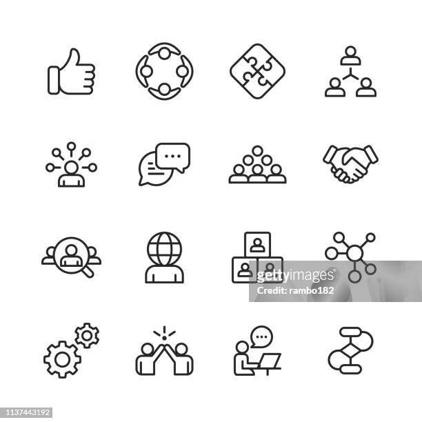 teamwork line icons. editable stroke. pixel perfect. for mobile and web. contains such icons as like button, cooperation, handshake, human resources, text messaging. - business stock illustrations