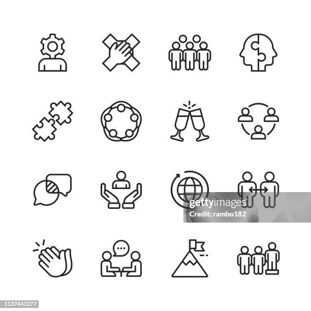 teamwork line icons. bearbeitbare stroke. pixel perfect. für mobile und web. enthält solche ikonen wie hierarchie, jigsaw puzzle, business strategy, success. - applaudieren stock-grafiken, -clipart, -cartoons und -symbole