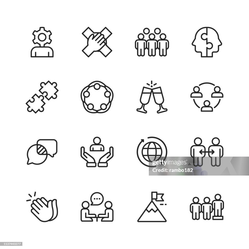 Teamwork Line Icons. Editable Stroke. Pixel Perfect. For Mobile and Web. Contains such icons as Hierarchy, Jigsaw Puzzle, Business Strategy, Success.