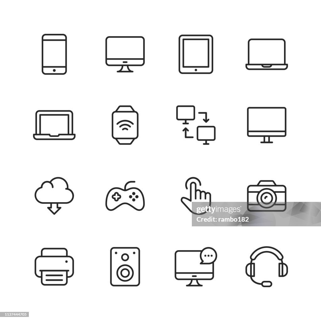 Devices Line Icons. Editable Stroke. Pixel Perfect. For Mobile and Web. Contains such icons as Smartphone, Smartwatch, Gaming, Computer Network, Printer.