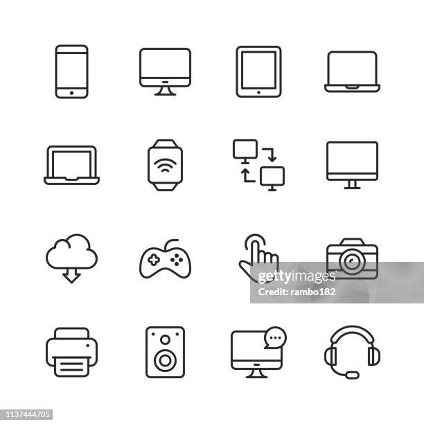 devices line icons. editable stroke. pixel perfect. for mobile and web. contains such icons as smartphone, smartwatch, gaming, computer network, printer. - dashboard visual aid stock illustrations