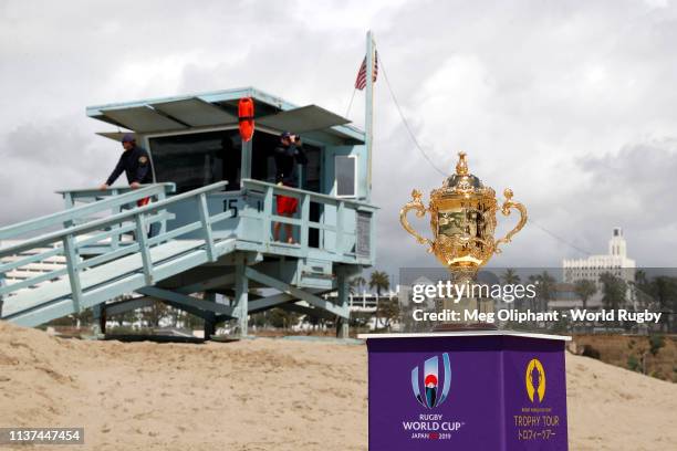 The Webb Ellis Cup visits Santa Monica Beach during day one of the Rugby World Cup 2019 Trophy Tour on March 21, 2019 in Los Angeles, California.