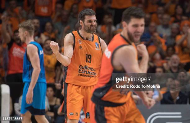 Fernando San Emeterio, #19 of Valencia Basket celebrates during the 7DAYS EuroCup Basketball Finals game 3 between Alba Berlin v Valencia Basket at...