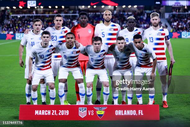 The starting lineup of United States poses before the start of their game against Ecuador at Orlando City Stadium on March 21, 2019 in Orlando,...
