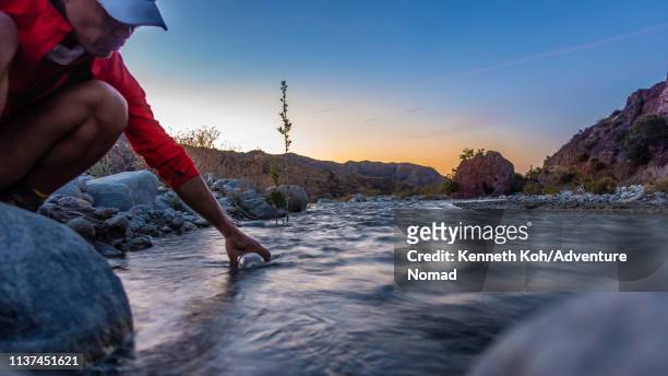 hiker fills up water bottle from a creek at sunrise - pacific crest trail fotografías e imágenes de stock