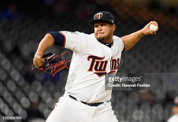 Adalberto Mejia of the Minnesota Twins delivers a pitch against the Toronto Blue Jays during the eighth inning of the game on April 15, 2019 at...