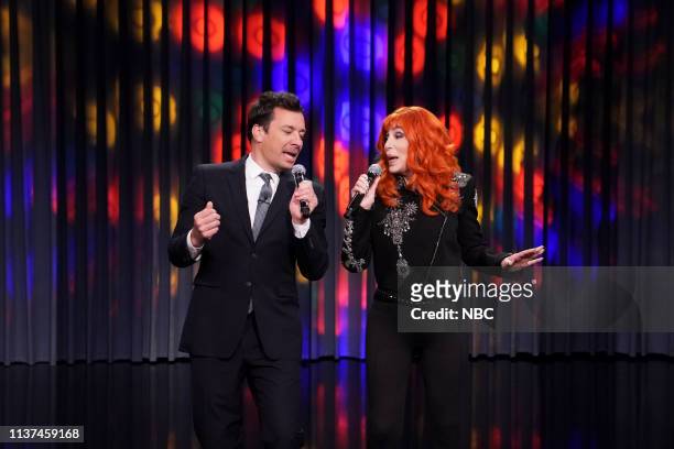 Episode 1048 -- Pictured: Host Jimmy Fallon and singer Cher during "'Lip Sync Karaoke" on April 15, 2019 --