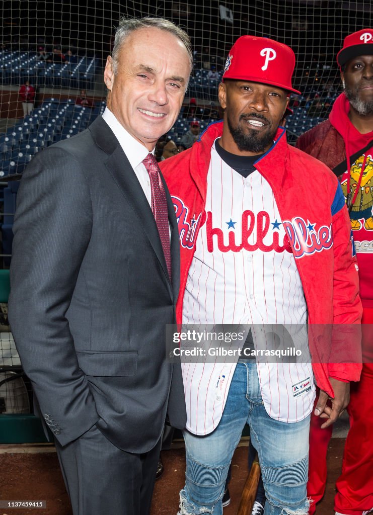 Actor Jamie Foxx Throws Out First Pitch Before the Philadelphia Phillies Take On The New York Mets