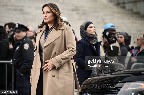 Mariska Hargitay and Nazneen Contractor are spotted on the set of Law & Order SVU filming at 60 Centre Street on April 15, 2019 in New York City.