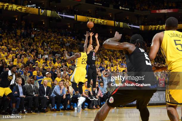 Landry Shamet of the LA Clippers makes a three-pointer late in the fourth quarter to take the lead against the Golden State Warriors during Game Two...