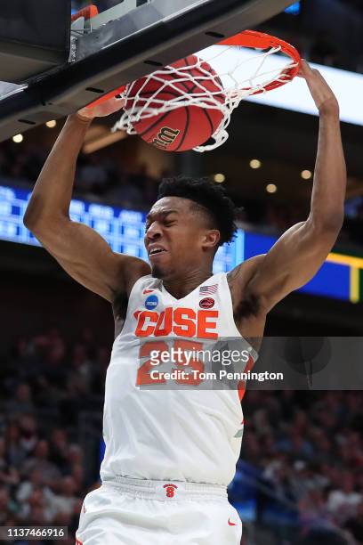 Tyus Battle of the Syracuse Orange dunks against the Baylor Bears during the second half in the first round of the 2019 NCAA Men's Basketball...