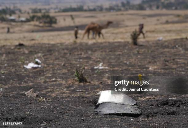 Piece of airplane debris rests just outside the crater where Ethiopian Airlines flight ET302 crashed on March 10, 2019. The Asrahhullet or Tulluferra...