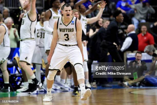 Fletcher Magee of the Wofford Terriers reacts in the second half against the Seton Hall Pirates during the first round of the 2019 NCAA Men's...