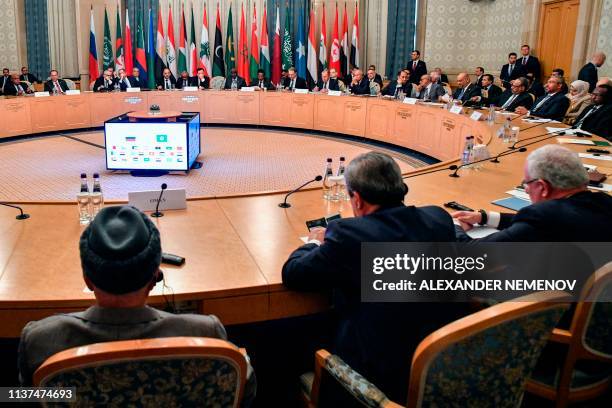 Russian Foreign Minister Sergei Lavrov, Arab League Secretary-General Ahmed Abul Gheit and foreign ministers and representatives of foreign...