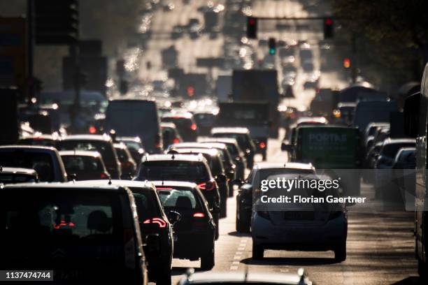 Morning traffic is pictured at the street Bismarckstrasse on April 16, 2019 in Berlin, Germany.
